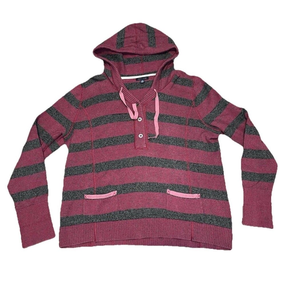 Tommy Hilfiger Women M Hoodie Sweater Stripe Knit V-Neck Pullover Henley Y2k Sty